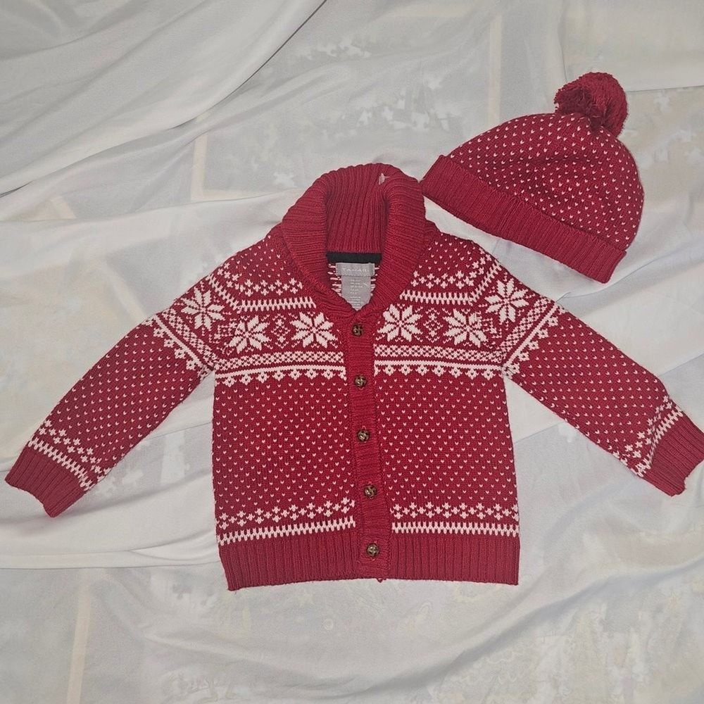 Tahari Cardigan Beanie Set Baby 12M Red Fair Isle Snowflake‎ Shawl Collar Knit